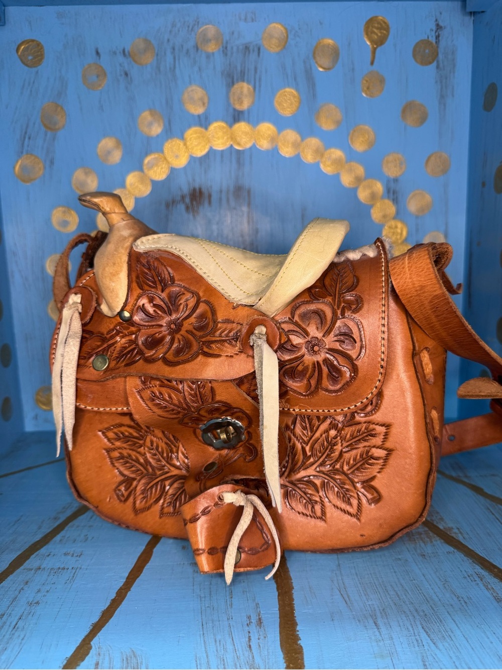 Vintage Hand-Tooled Leather Saddle Crossbody Bag with Floral design